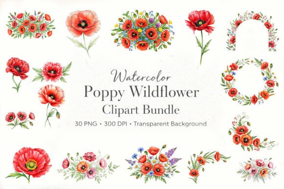 Download “30 Watercolor Poppy Wildflower Clipart - Premium Bundle