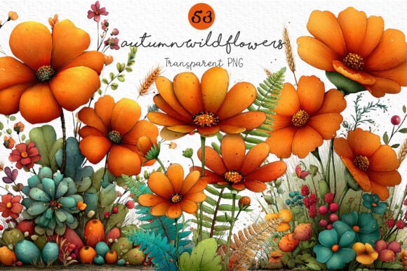 Download Whimsical Autumn Wildflowers Clipart PNG - Wildflower Collection