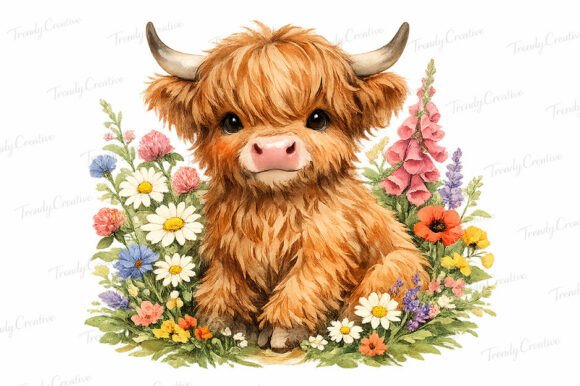 Download Watercolor Highland Cow Wildflower PNG - Wildflower Collection